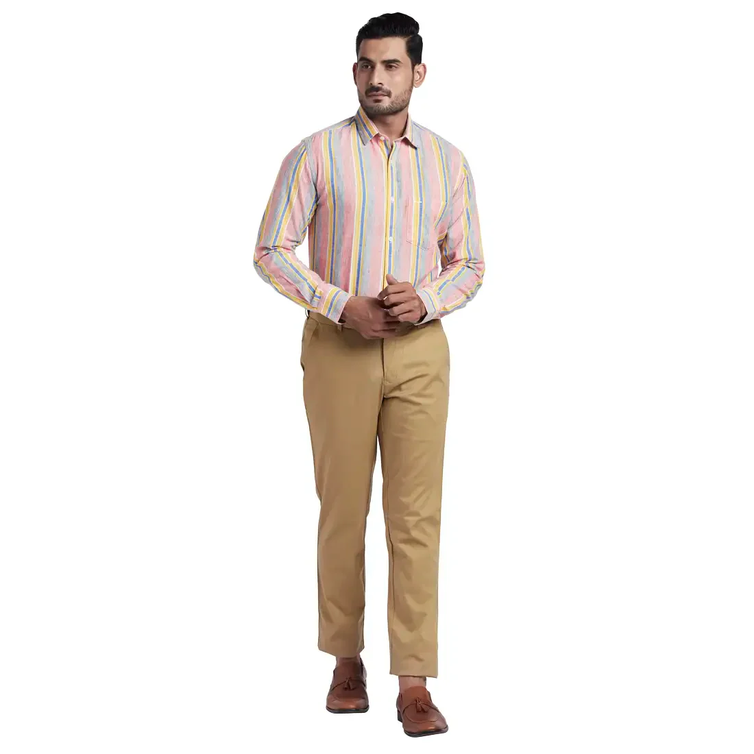 Men Red Tailored Fit Stripe Lyocell Blend Full Sleeve Shirts - Image 5