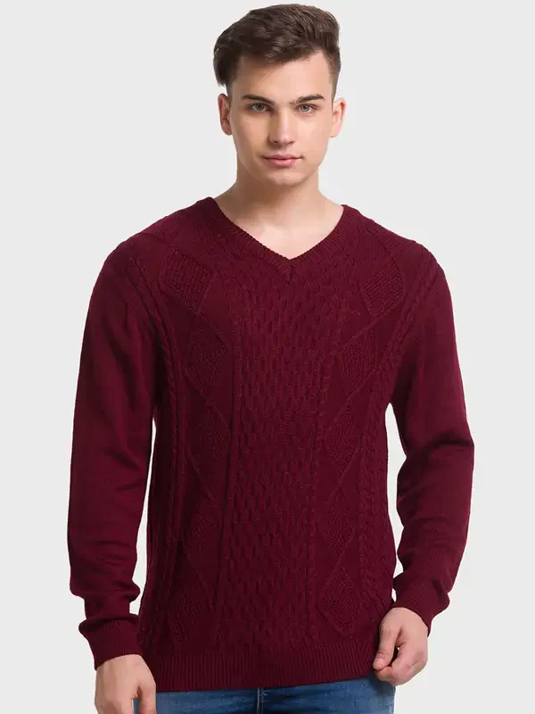 Men Red Tailored Fit Structure Acrylic Merino Blend Full Sleeve V Neck Collar Sweaters