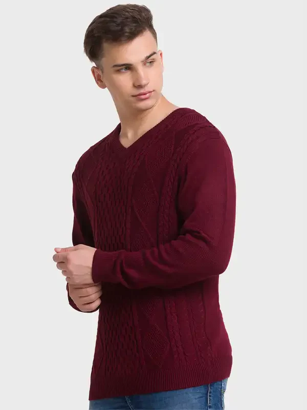 Men Red Tailored Fit Structure Acrylic Merino Blend Full Sleeve V Neck Collar Sweaters - Image 3