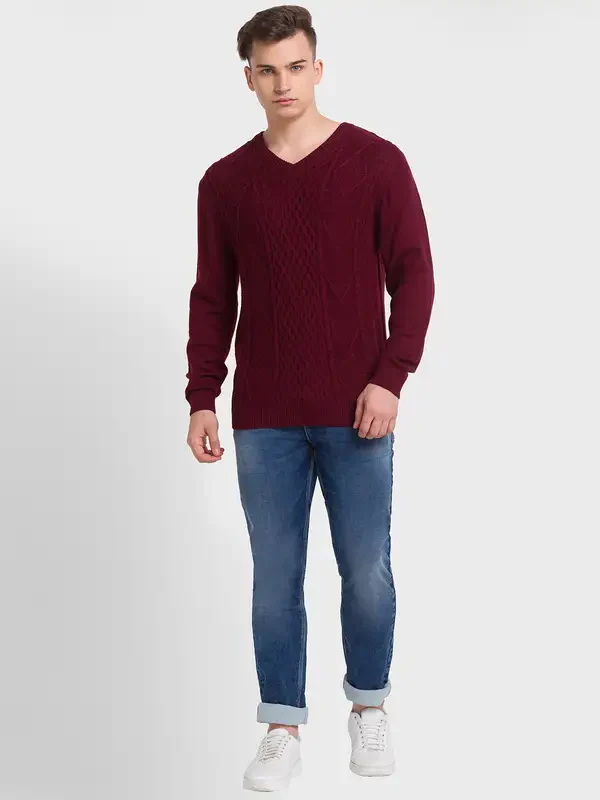 Men Red Tailored Fit Structure Acrylic Merino Blend Full Sleeve V Neck Collar Sweaters - Image 5