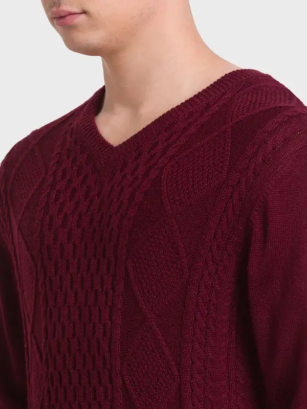 Men Red Tailored Fit Structure Acrylic Merino Blend Full Sleeve V Neck Collar Sweaters - Image 6