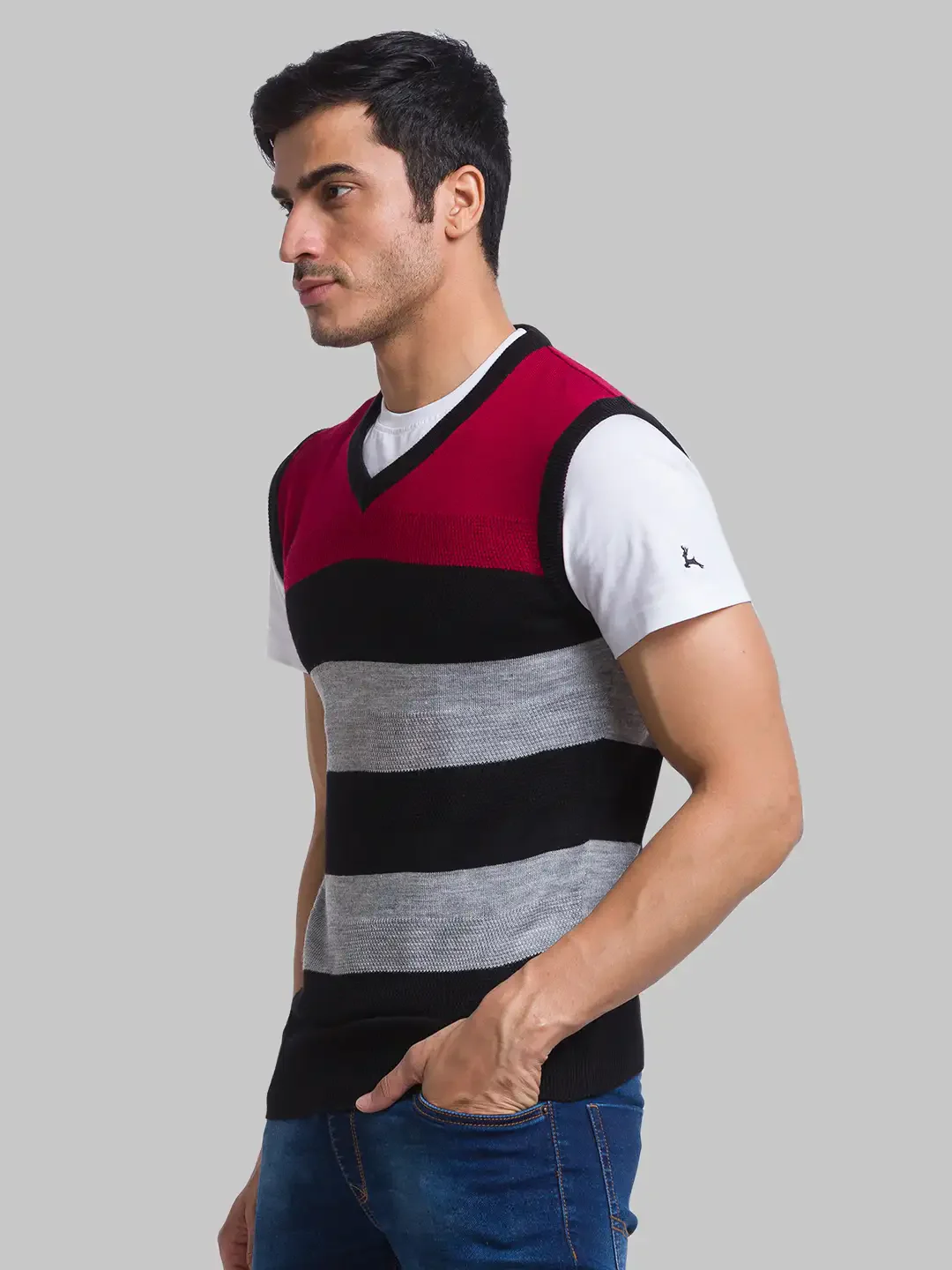 Men Red Yarn Dyed Acrylic Sleeveless Sweaters - Image 3