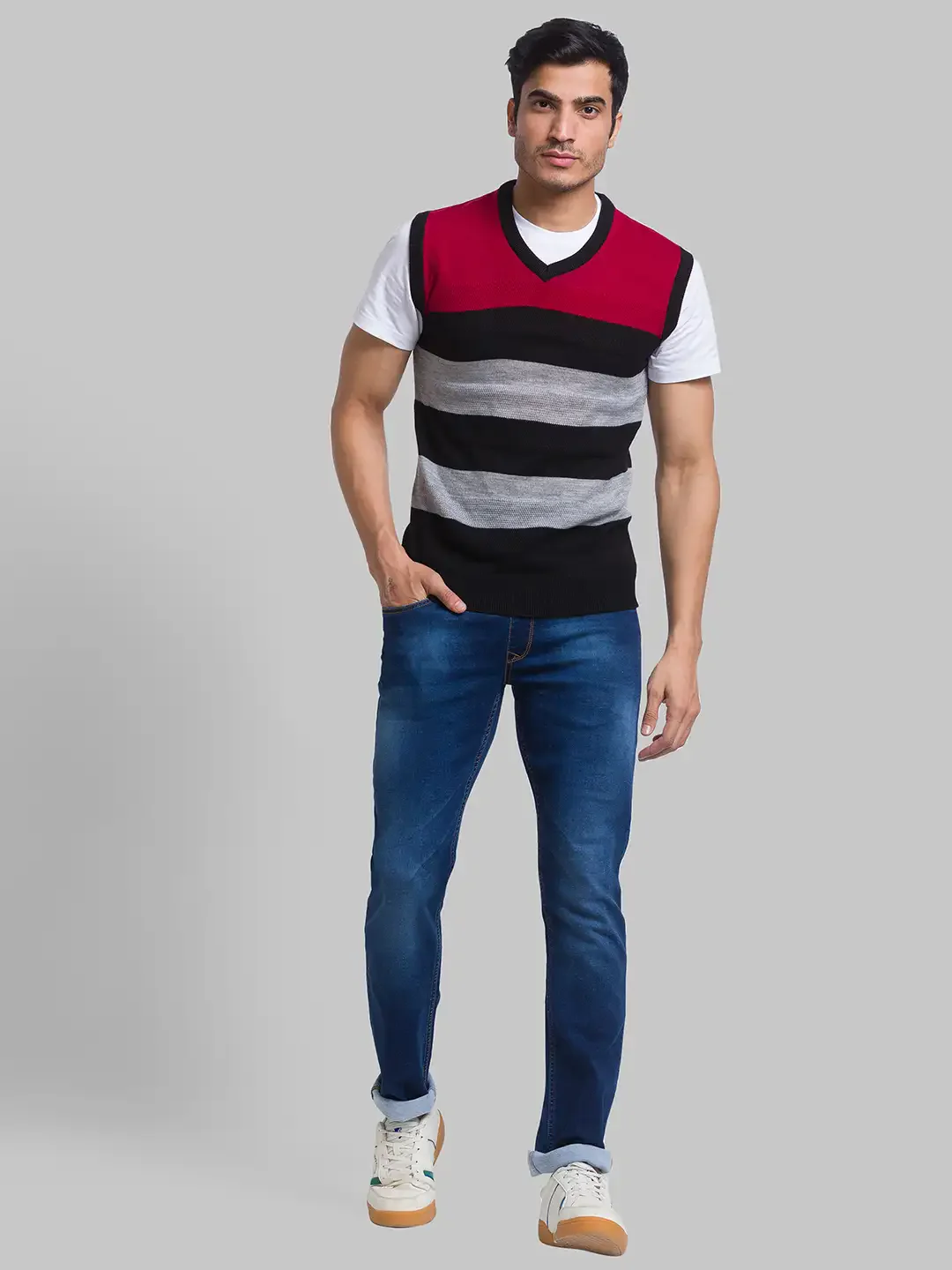 Men Red Yarn Dyed Acrylic Sleeveless Sweaters - Image 5