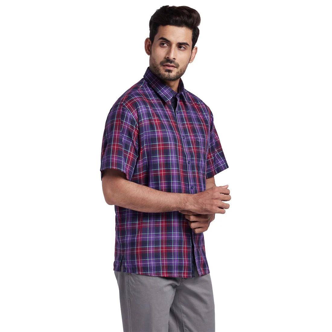 Men Violet Classic Fit Checks Cotton Half Sleeve Shirts - Image 2