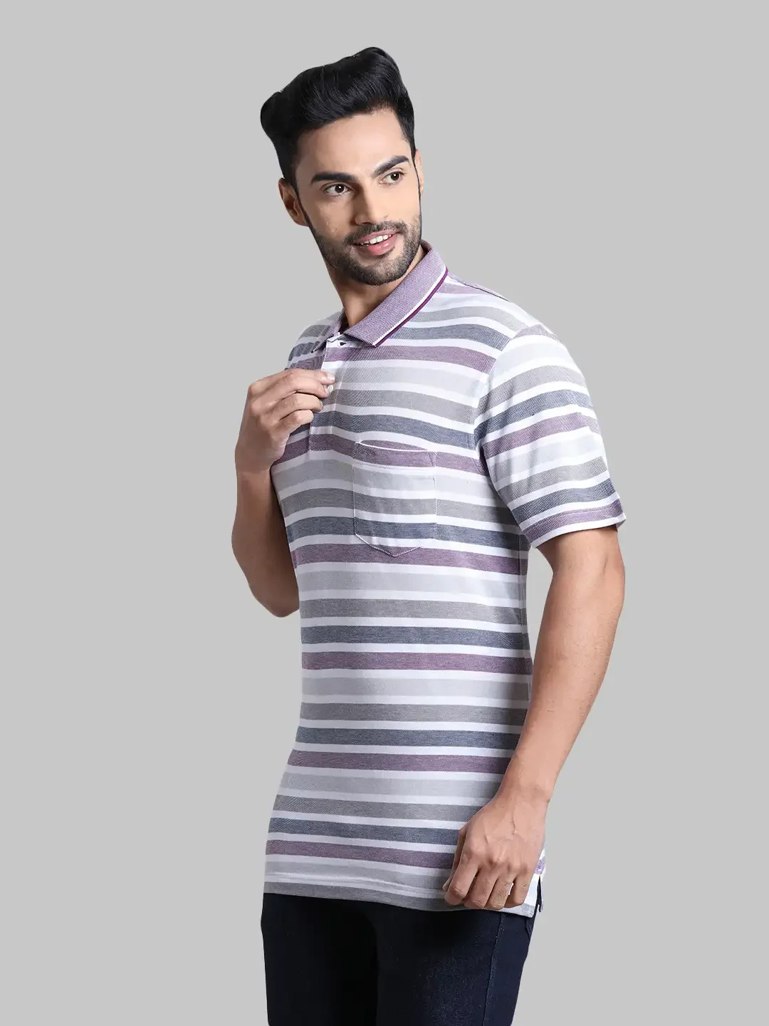 Men Violet Classic Fit Stripe Cotton Half Sleeve T-Shirt - Image 3