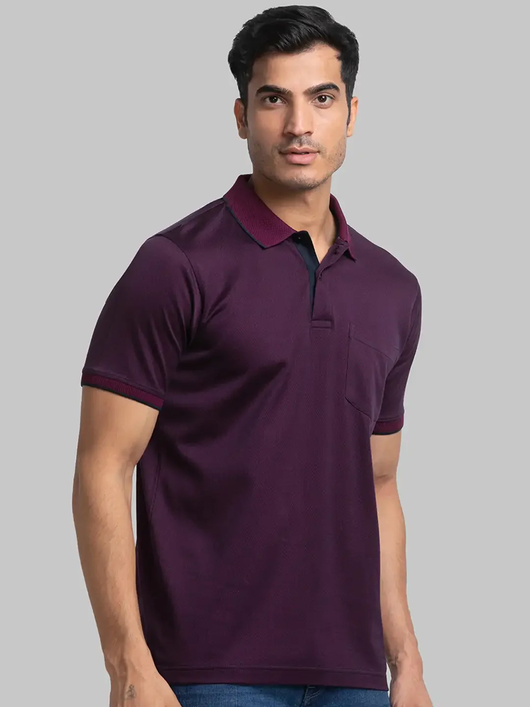 Men Violet Contemporary Fit Jacquard Cotton Polo T-Shirt - Image 2