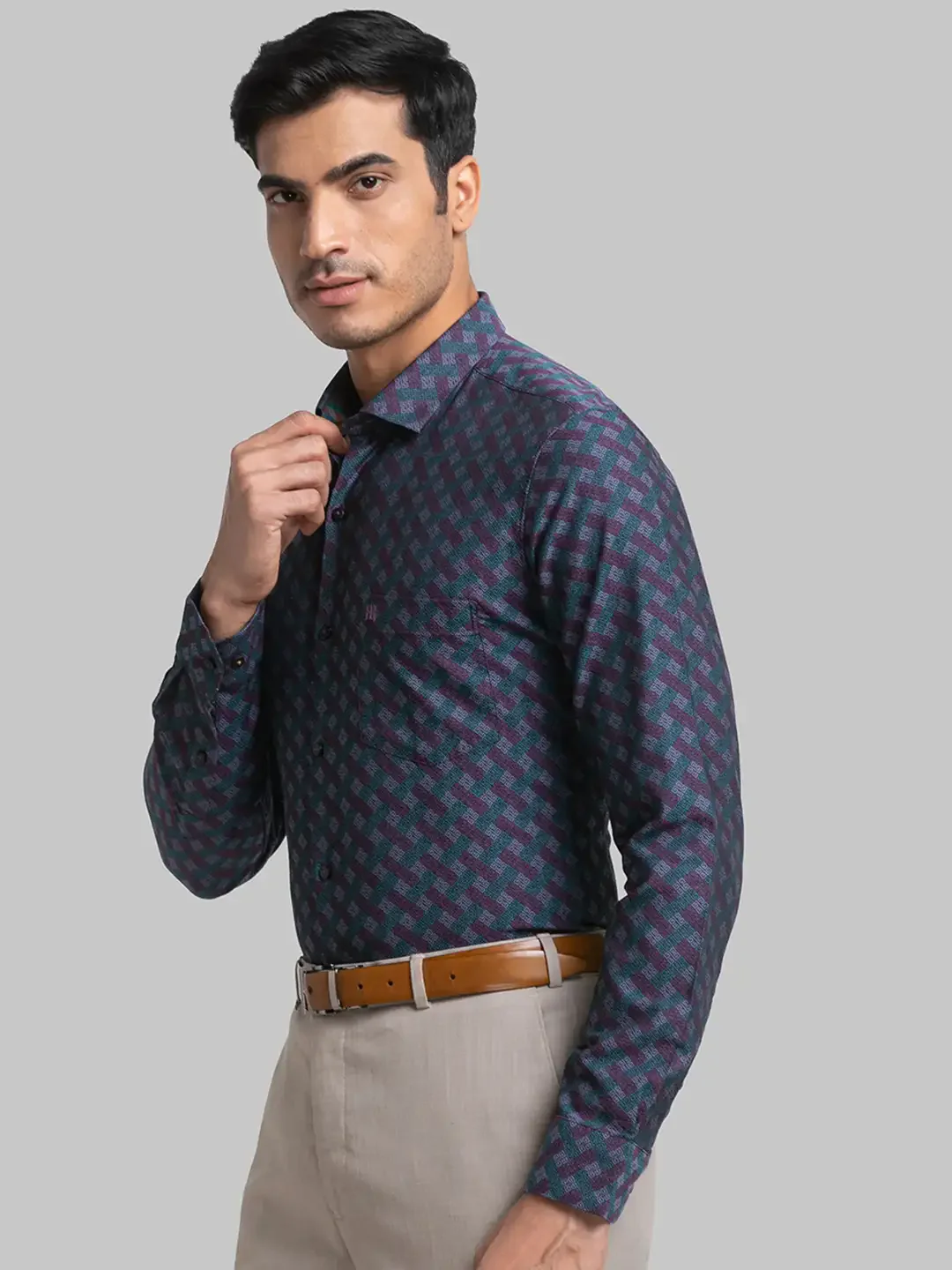 Men Violet Contemporary Fit Jacquard Cotton Shirts - Image 3