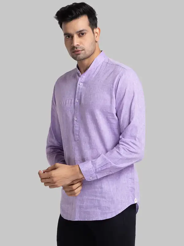 Men Violet Contemporary Fit Solid Cotton Blend Mandarin Collar Shirts - Image 3