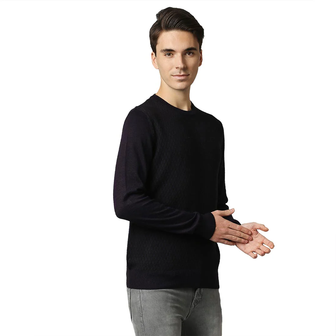 Men Violet Jacquard Acrylic Wool Blend Round Collar Sweaters - Image 2