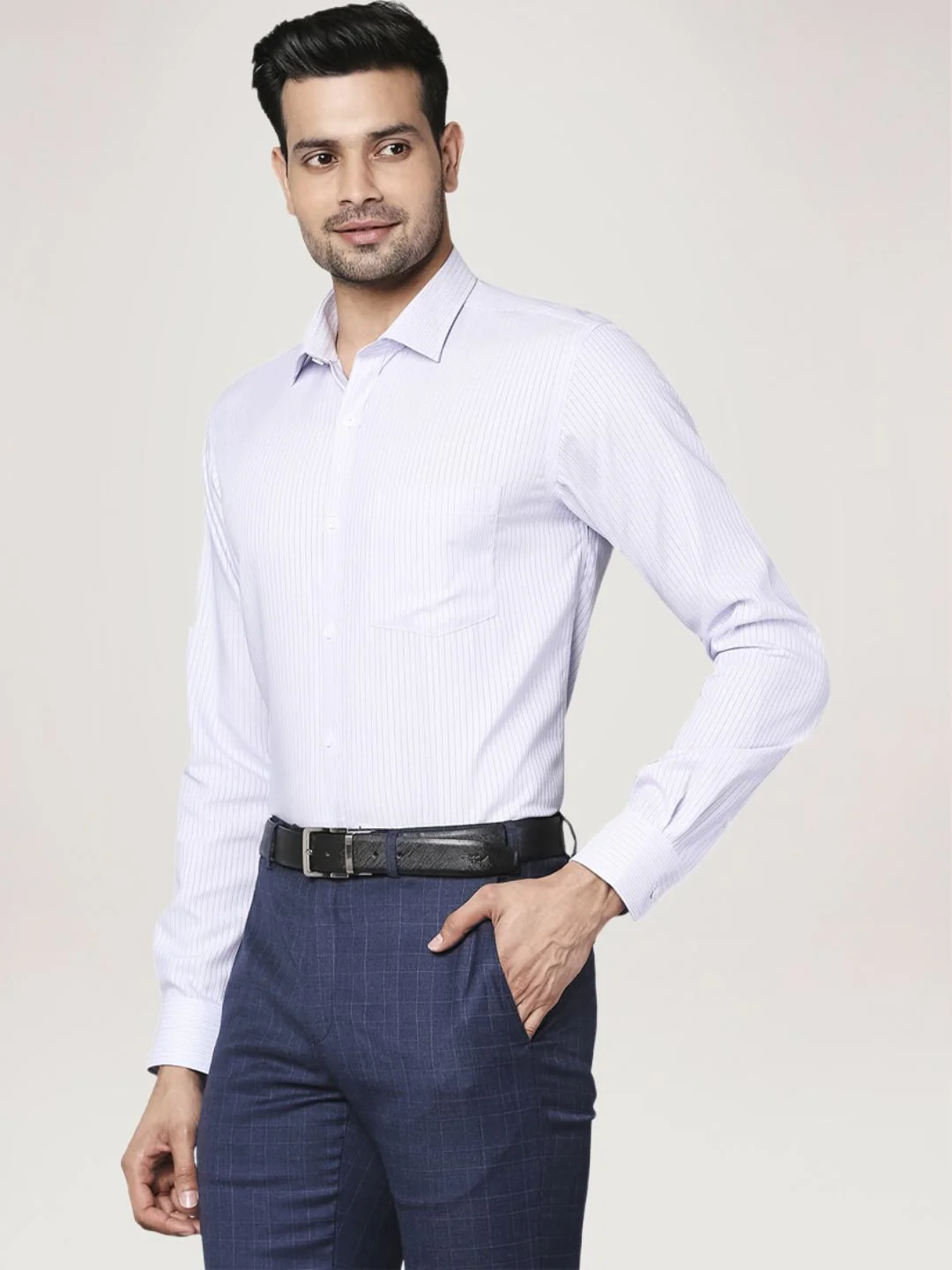 Men Violet Slim Fit Stripe Cotton Cut Away Collar Shirts - Image 4