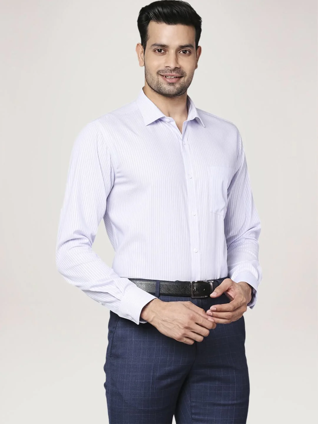 Men Violet Slim Fit Stripe Cotton Cut Away Collar Shirts - Image 5