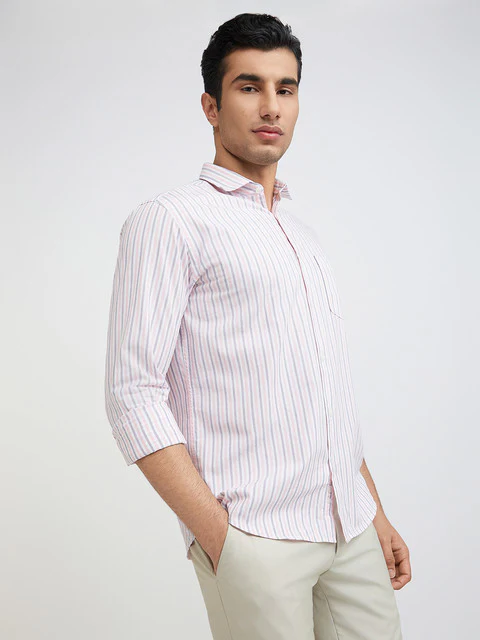 Men Violet Slim Fit Stripe Cotton Cut Away Collar Shirts - Image 2