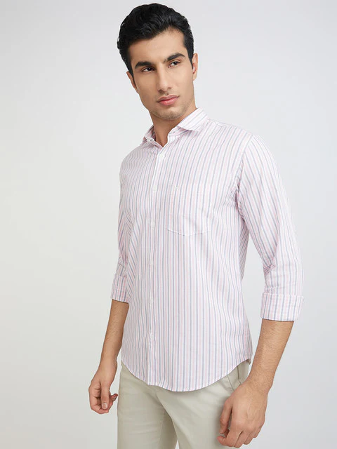 Men Violet Slim Fit Stripe Cotton Cut Away Collar Shirts - Image 3