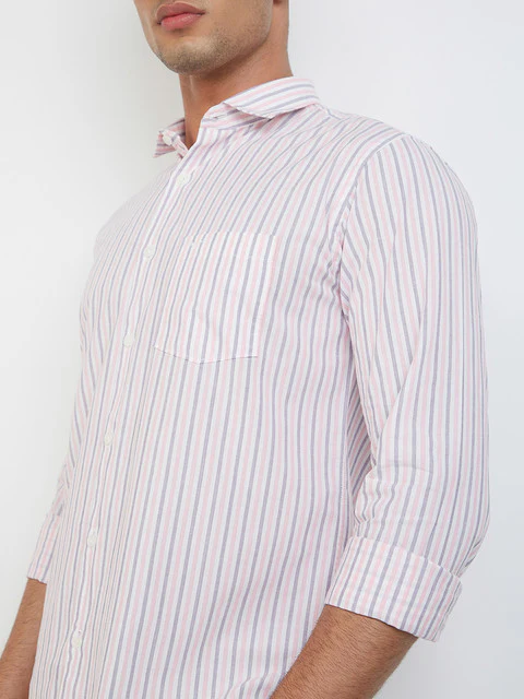 Men Violet Slim Fit Stripe Cotton Cut Away Collar Shirts - Image 6