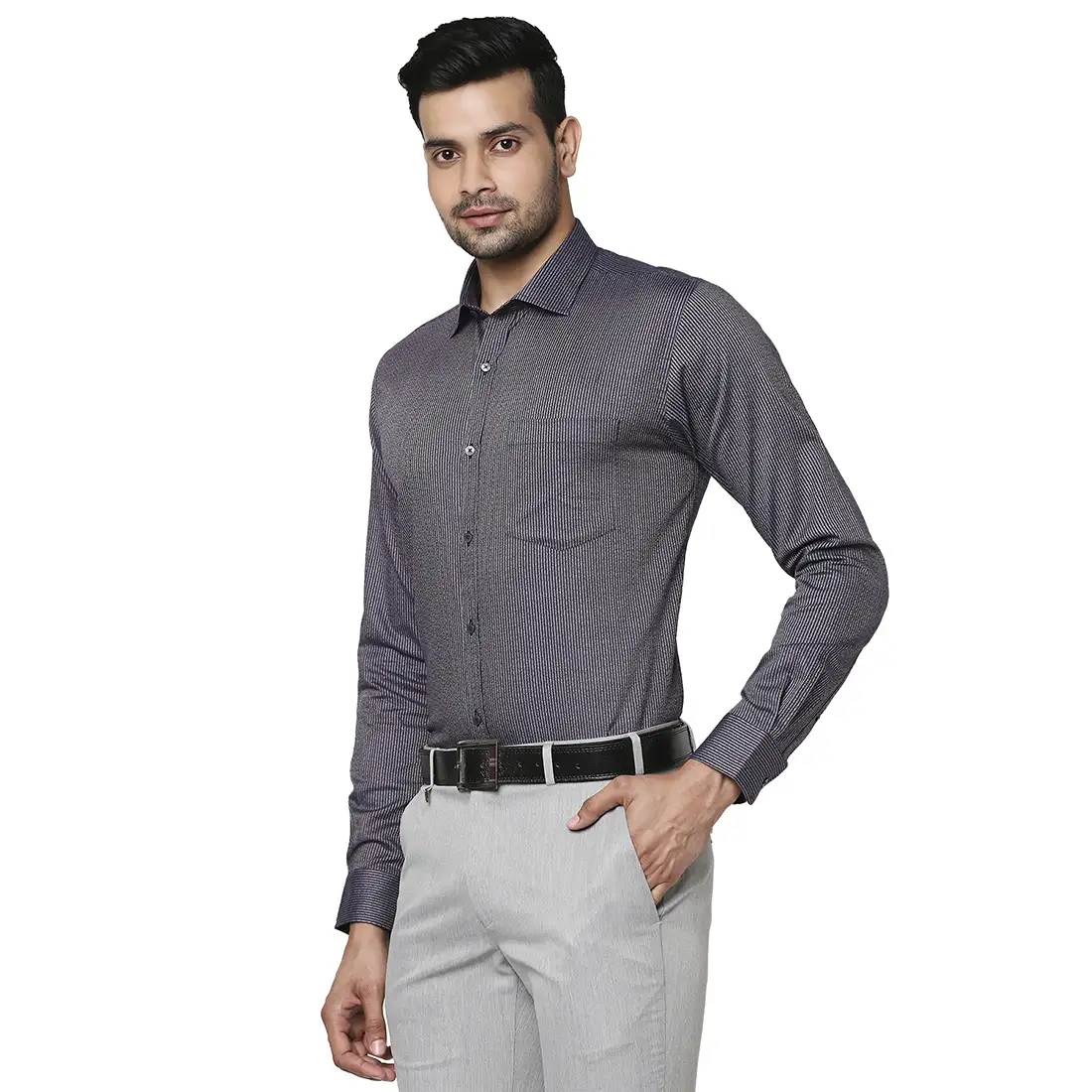 Men Violet Slim Fit Stripe Cotton Detach Collar Shirts - Image 3