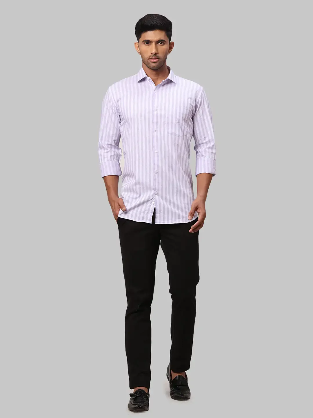 Men Violet Slim Fit Stripe Cotton Shirts - Image 5