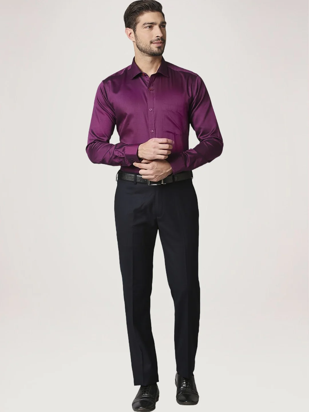 Men Violet Slim Fit Structure Cotton Cut Away Collar Shirts - Image 2
