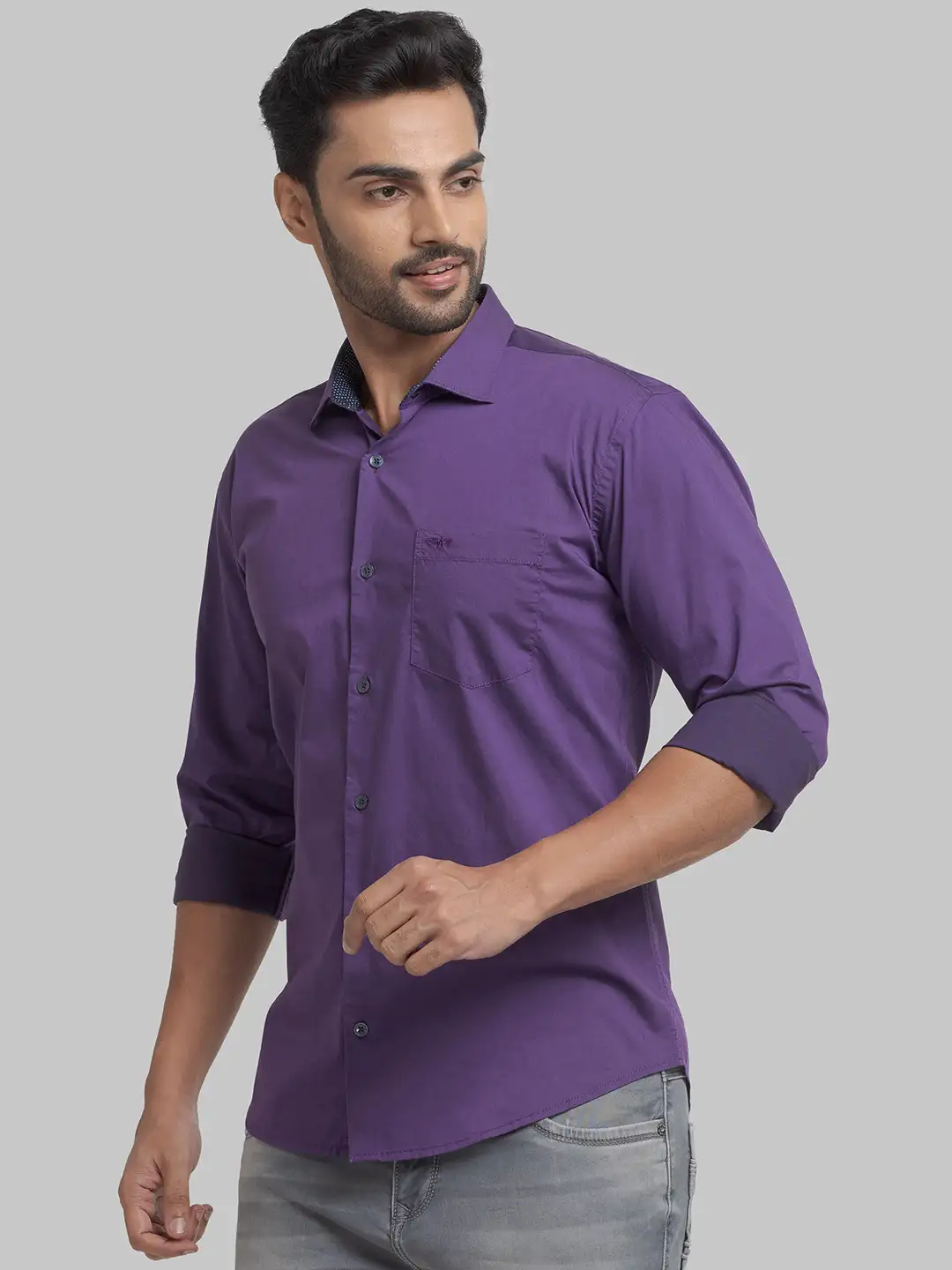 Men Violet Slim Fit Two Tone Cotton Blend Cut Away Collar Shirts - Image 3