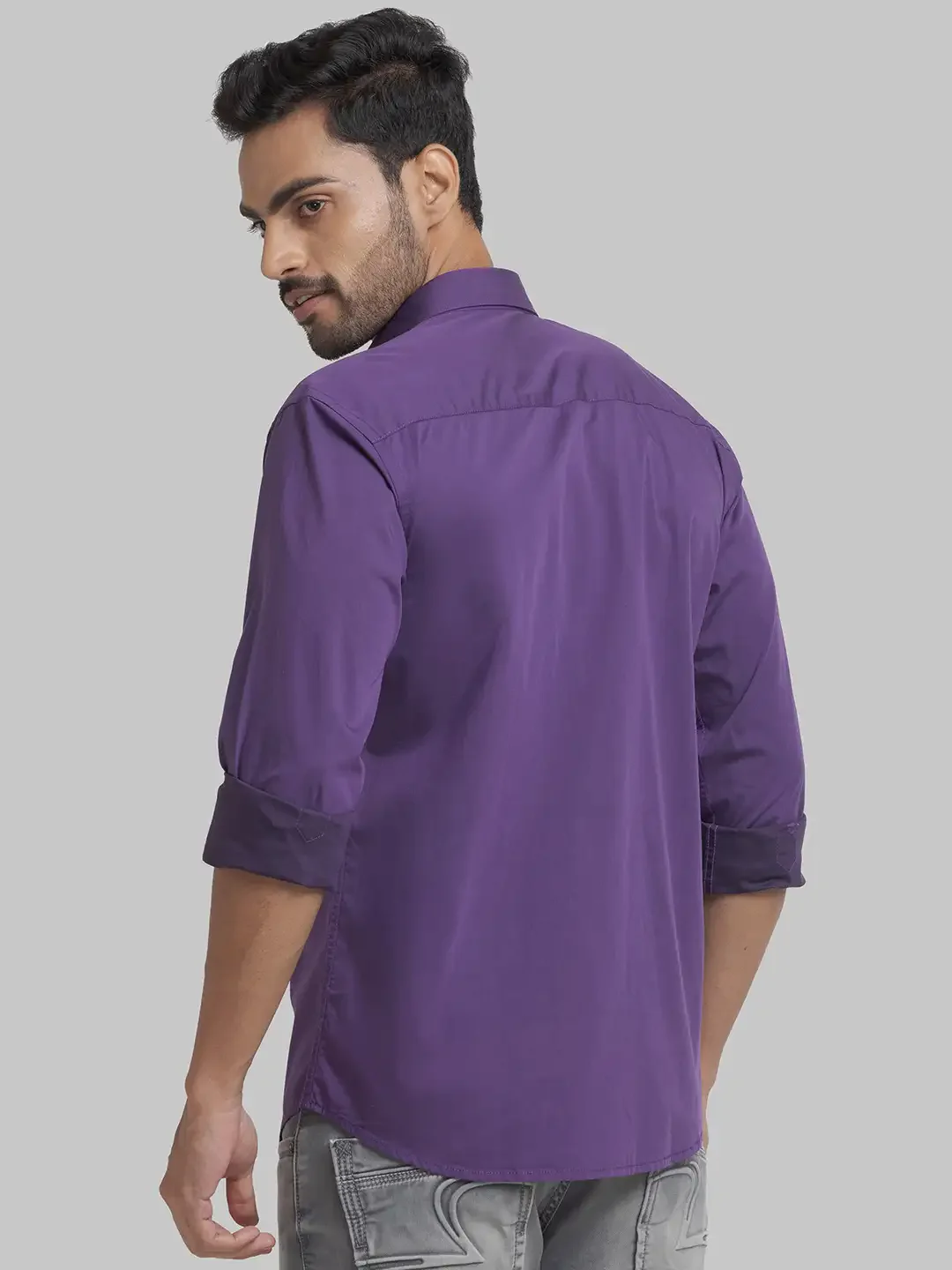 Men Violet Slim Fit Two Tone Cotton Blend Cut Away Collar Shirts - Image 4