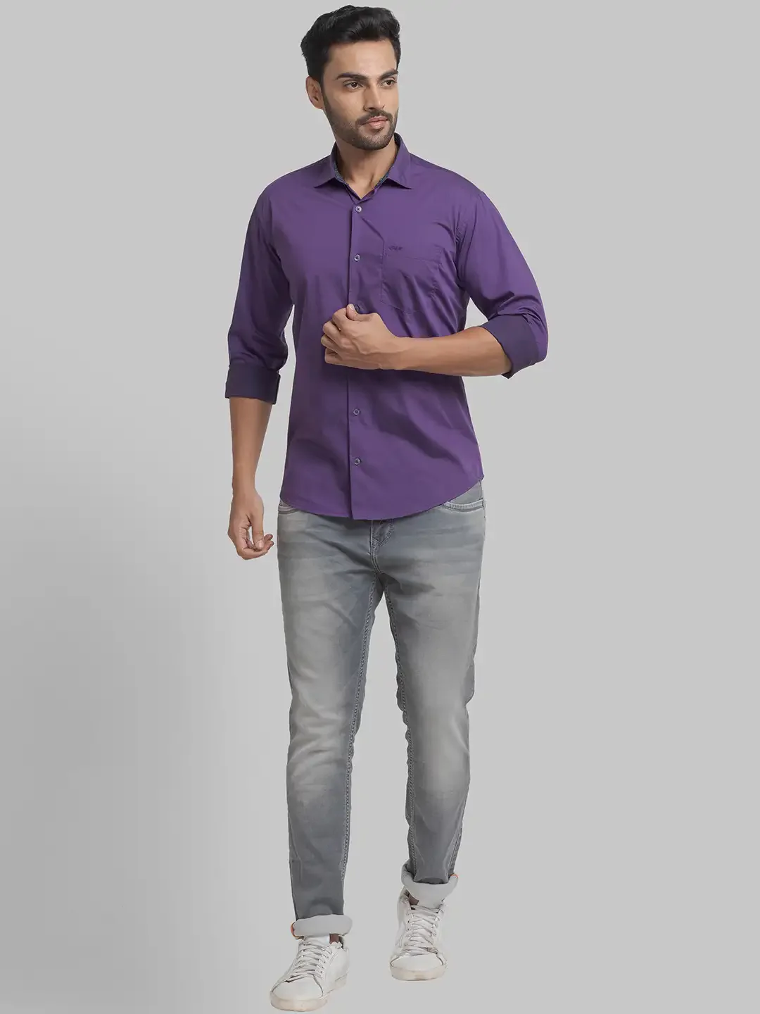 Men Violet Slim Fit Two Tone Cotton Blend Cut Away Collar Shirts - Image 5