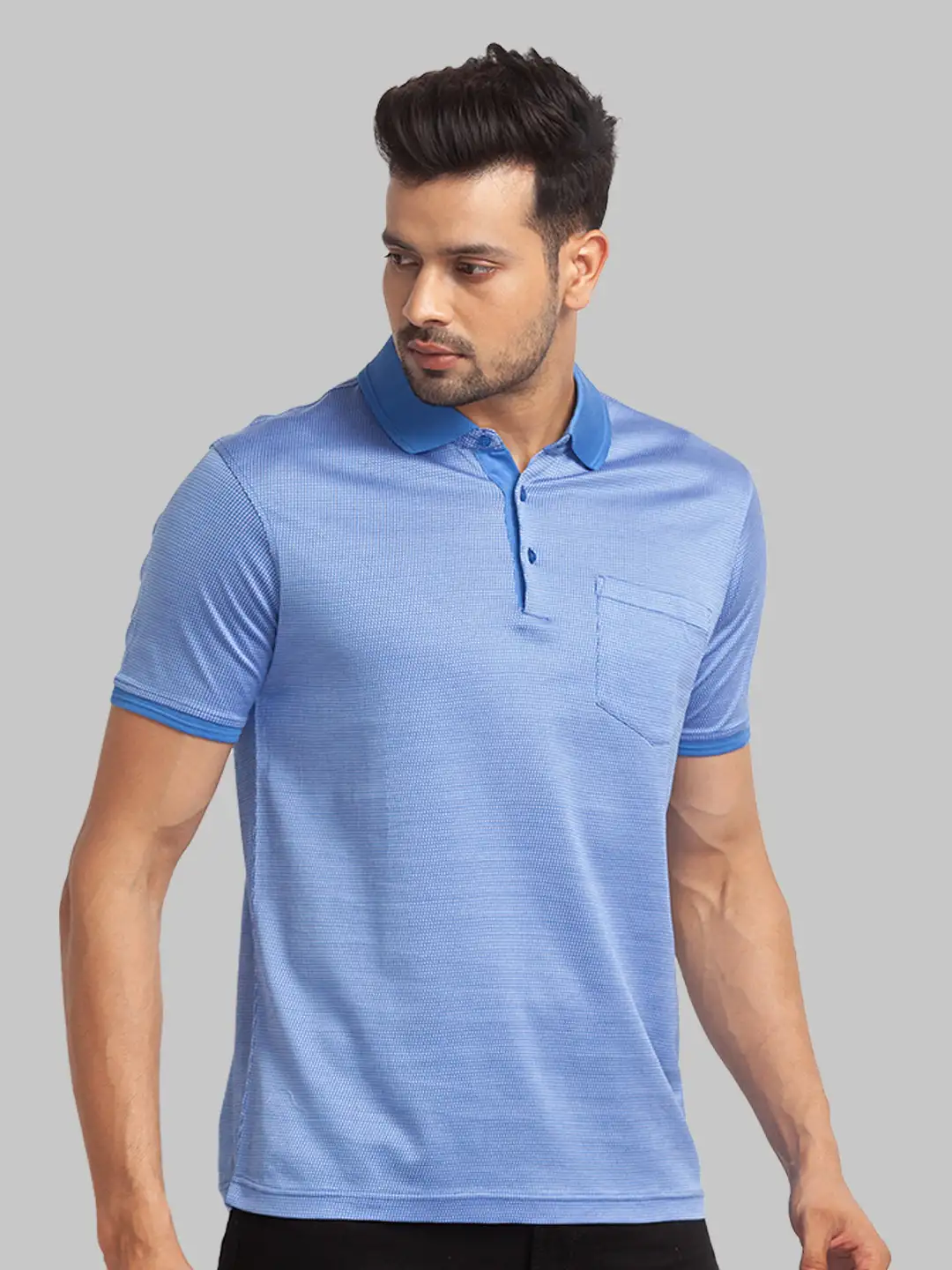Men Violet Slim Fit Two Tone Cotton Round Neck Collar Polo T-Shirt - Image 2