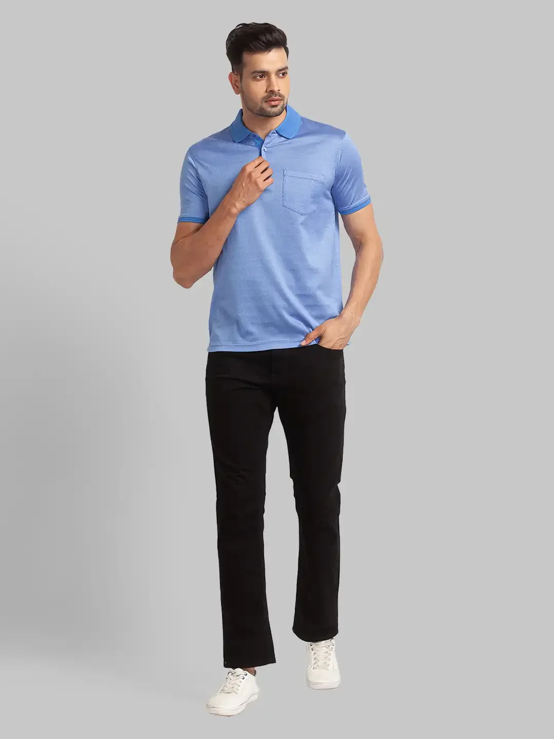 Men Violet Slim Fit Two Tone Cotton Round Neck Collar Polo T-Shirt - Image 5