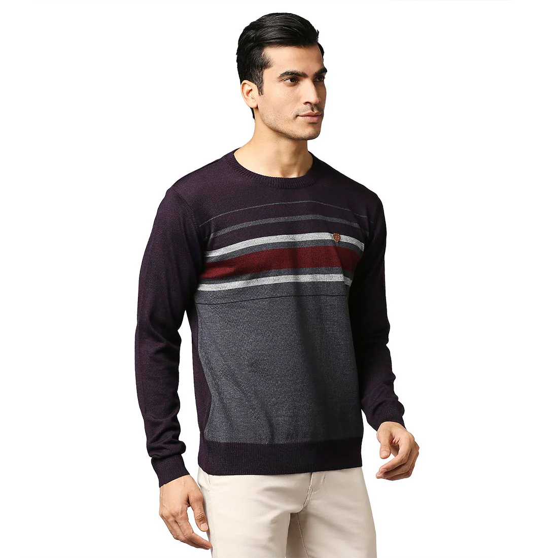 Men Violet Stripe Acrylic Wool Blend Round Collar Sweaters - Image 2