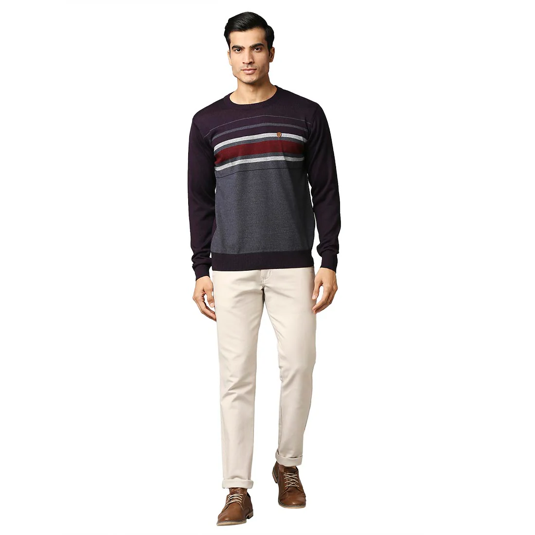 Men Violet Stripe Acrylic Wool Blend Round Collar Sweaters - Image 5