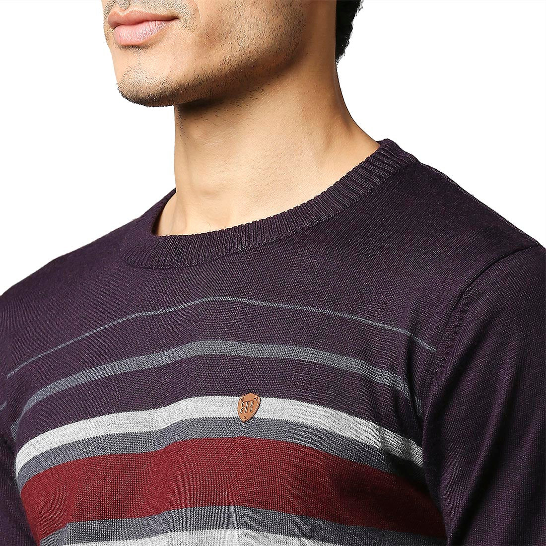 Men Violet Stripe Acrylic Wool Blend Round Collar Sweaters - Image 6