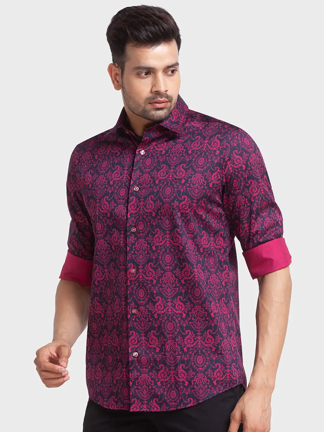 Men Violet Tailored Fit Print Cotton Full Sleeve Shirts