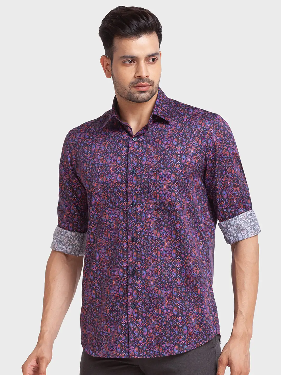 Men Violet Tailored Fit Print Cotton Full Sleeve Shirts - Image 3