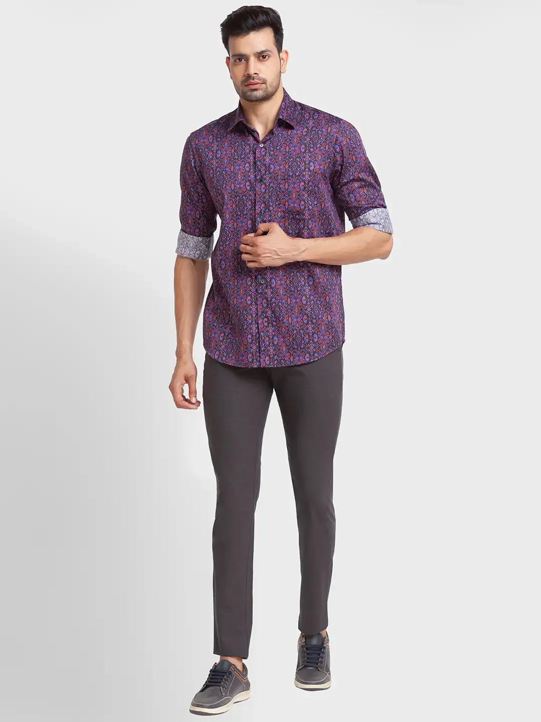Men Violet Tailored Fit Print Cotton Full Sleeve Shirts - Image 5