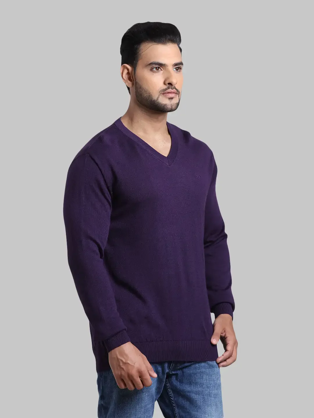 Men Violet Tailored Fit Solid Wool Blend Full Sleeve V Neck Collar Sweaters - Image 2