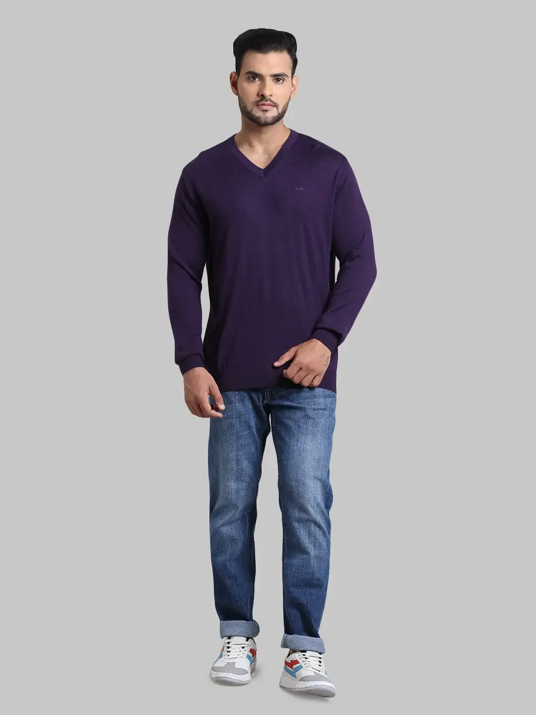 Men Violet Tailored Fit Solid Wool Blend Full Sleeve V Neck Collar Sweaters - Image 5