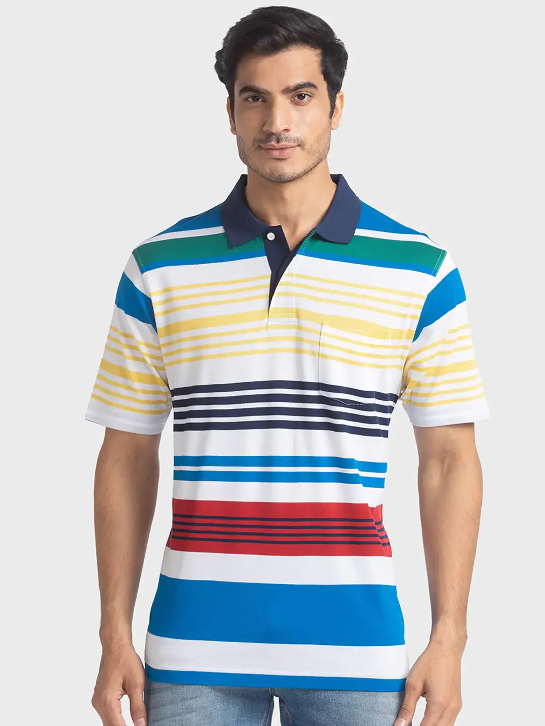 Men White Classic Fit Stripe Cotton Half Sleeve T-Shirt