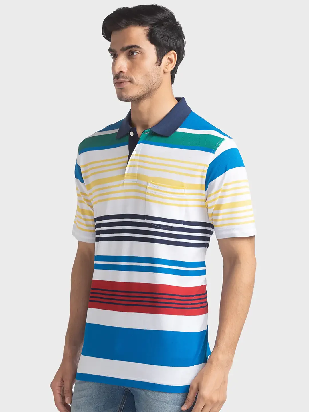 Men White Classic Fit Stripe Cotton Half Sleeve T-Shirt - Image 3