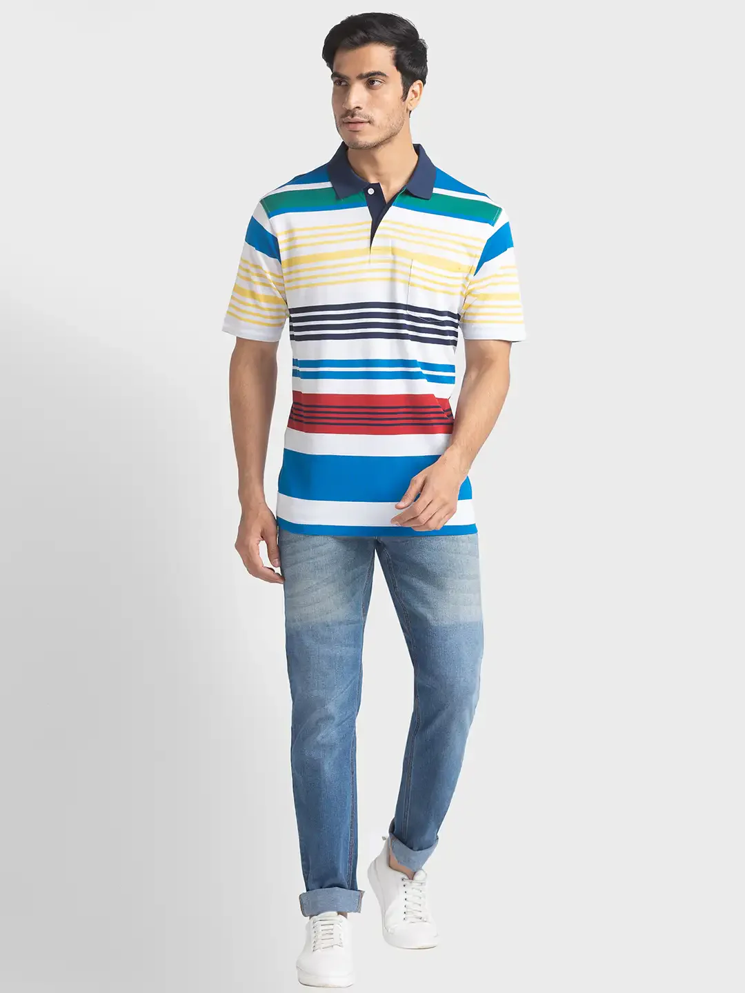 Men White Classic Fit Stripe Cotton Half Sleeve T-Shirt - Image 5