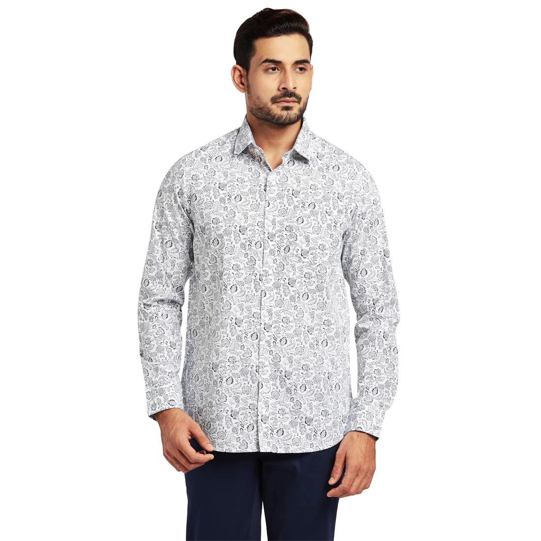 Men White Contemporary Fit Print Cotton Full Sleeve Shirts