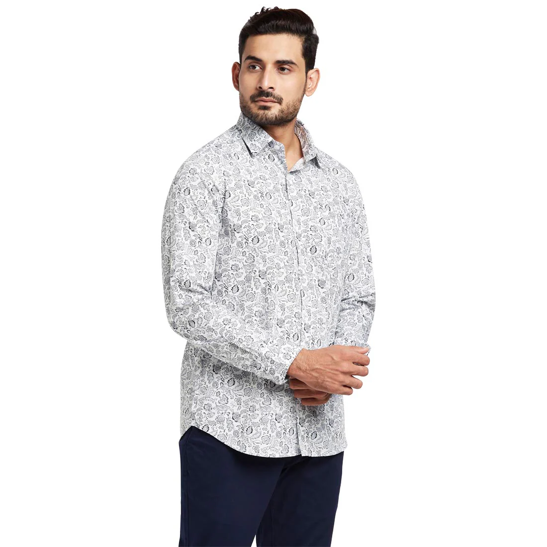 Men White Contemporary Fit Print Cotton Full Sleeve Shirts - Image 2