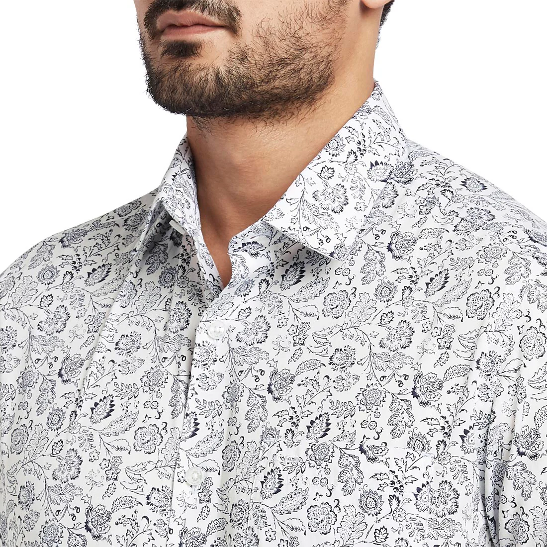 Men White Contemporary Fit Print Cotton Full Sleeve Shirts - Image 6
