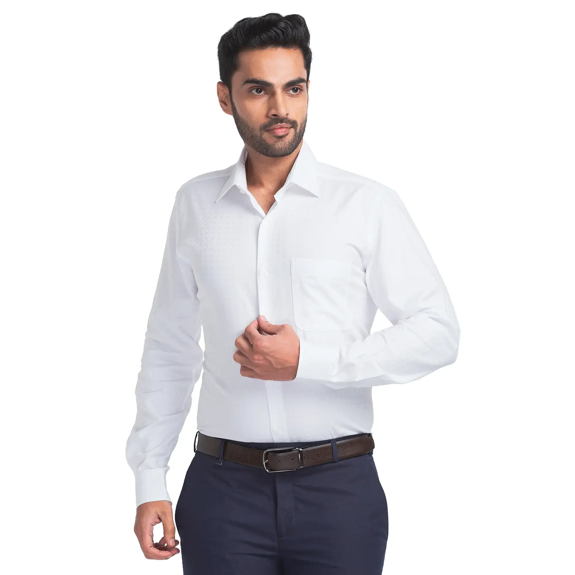 Men White Contemporary Fit Structure Cotton Cut Collar Shirts