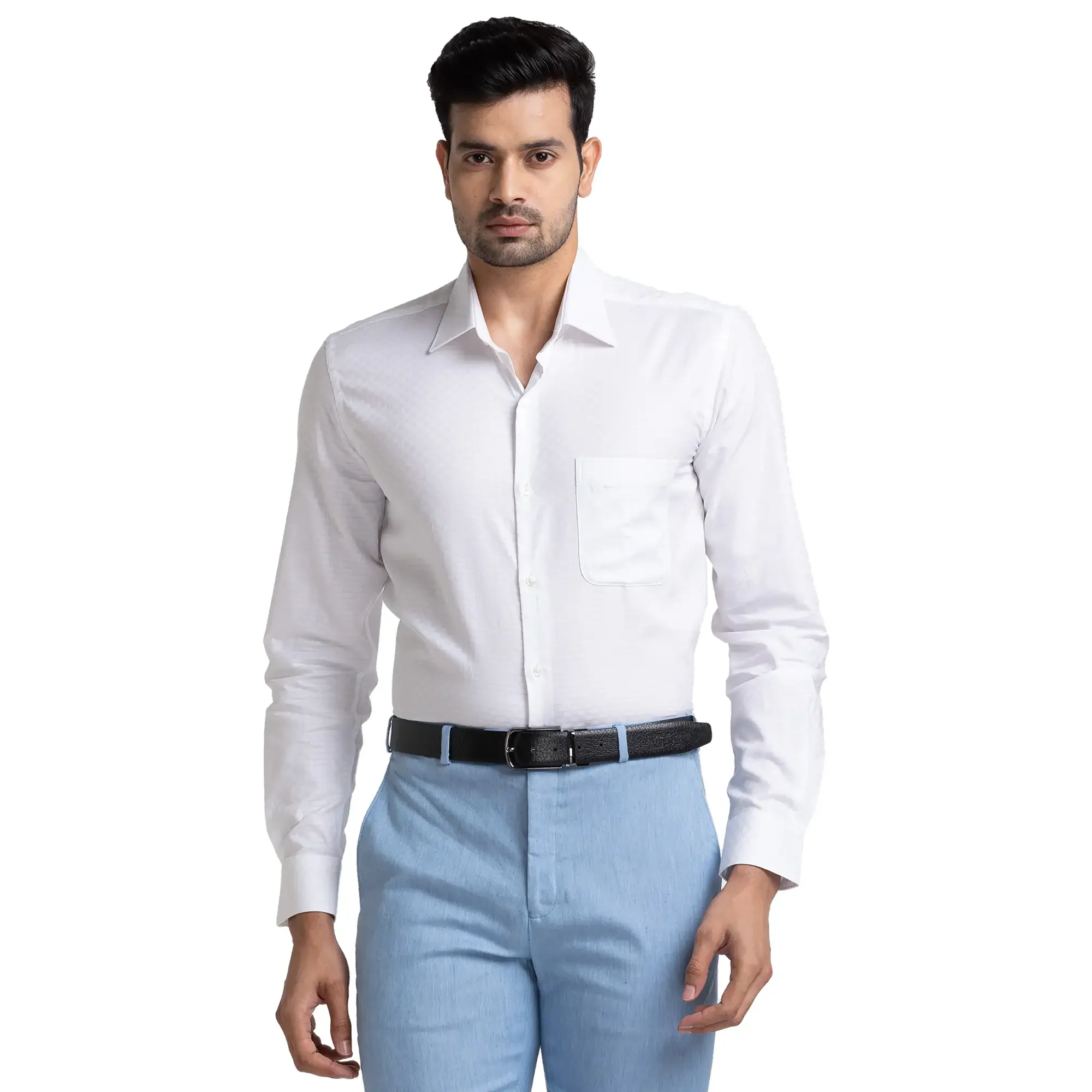 Men White Contemporary Fit Structure Cotton Cut Collar Shirts