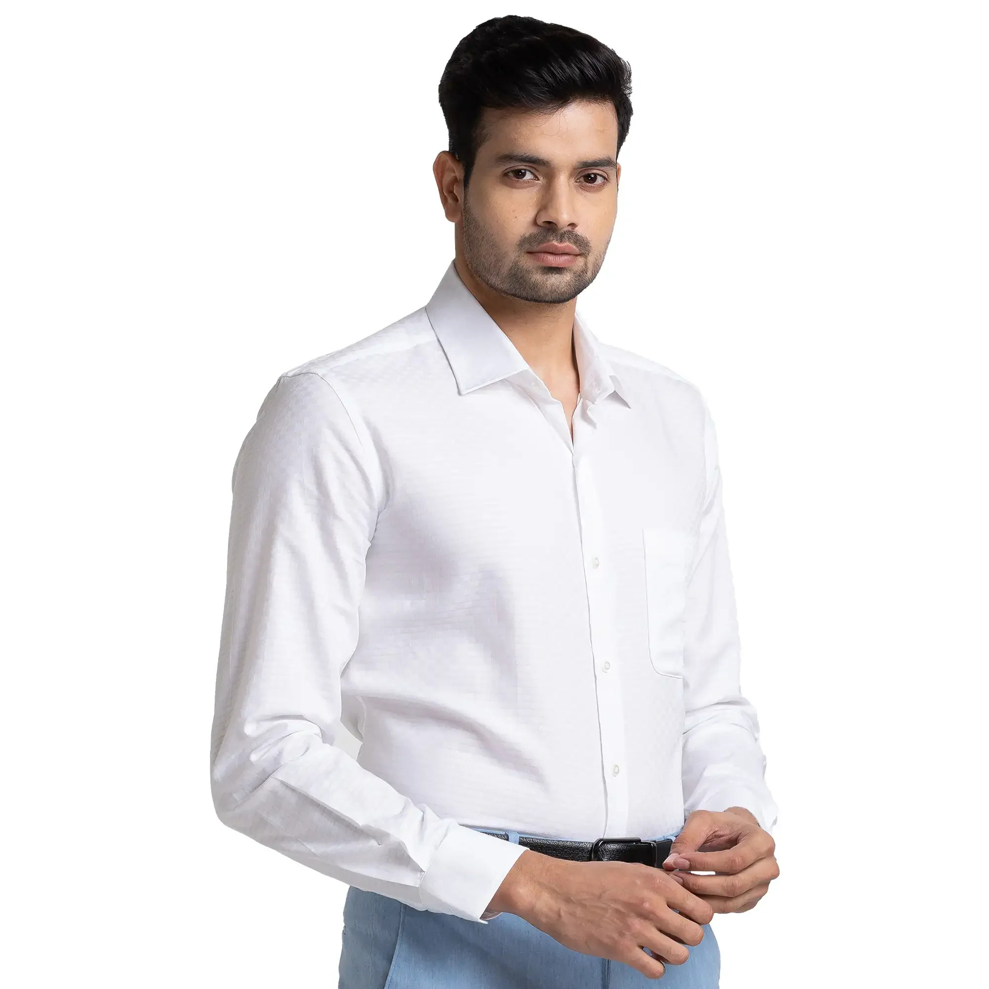 Men White Contemporary Fit Structure Cotton Cut Collar Shirts - Image 2