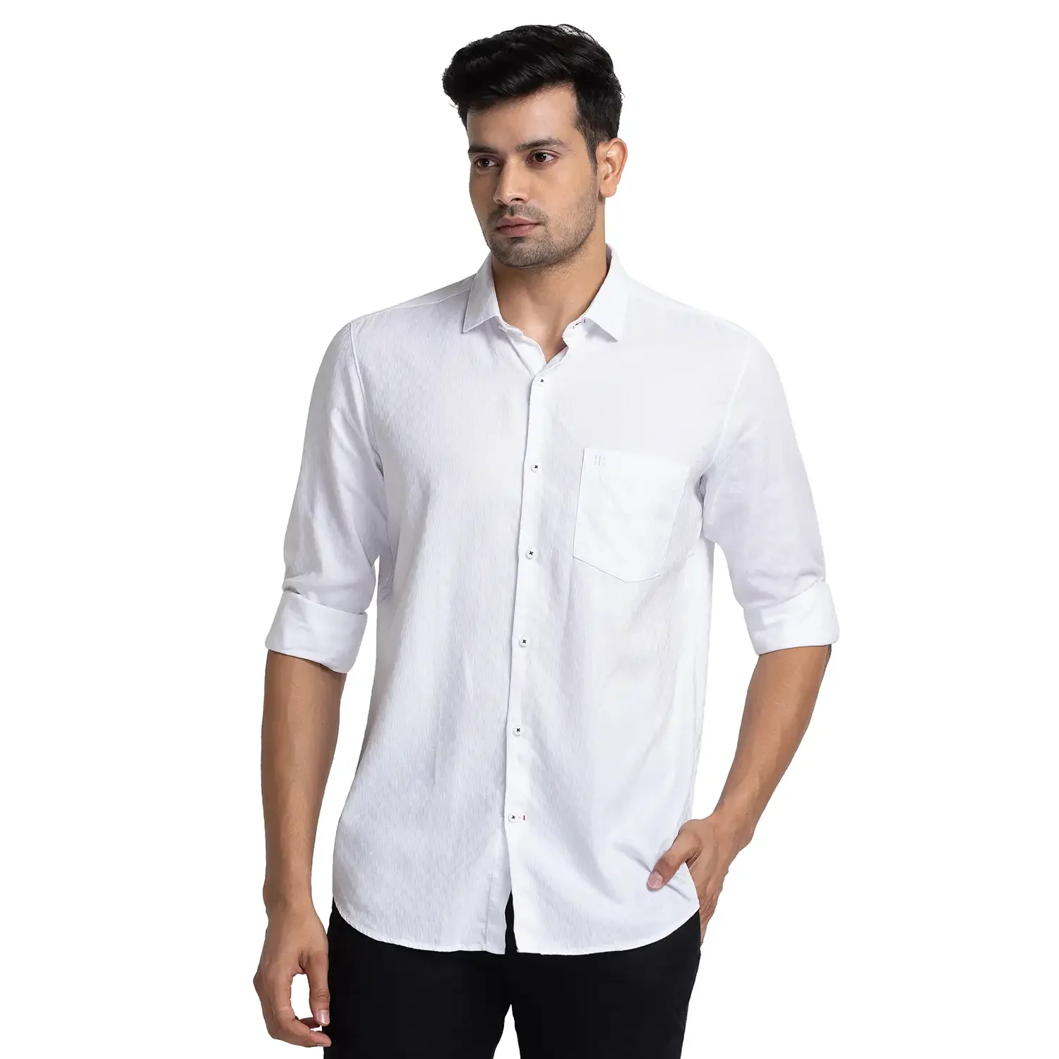 Men White Contemporary Fit Structure Cotton Shirts