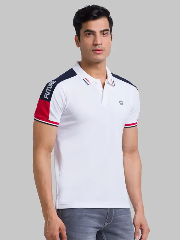 Men White Regular Fit Cut & Sew Cotton Round Neck Collar Polo T-Shirt - Image 2