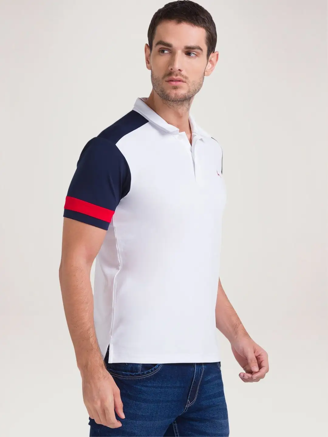 Men White Regular Fit Cut & Sew Polyester Blend Round Neck Collar Polo T-Shirt - Image 5