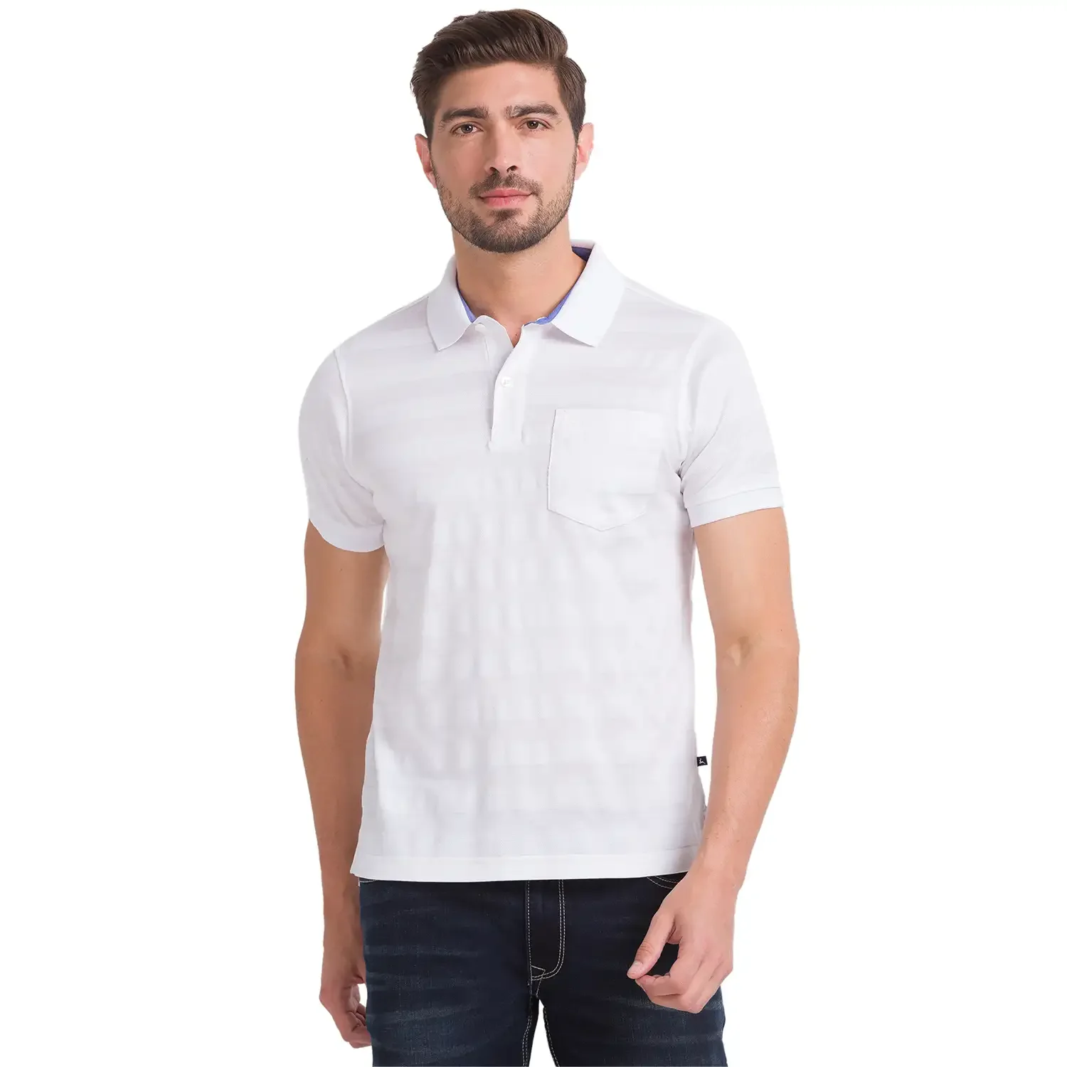 Men White Regular Fit Jacquard Cotton Round Neck Collar Polo T-Shirt
