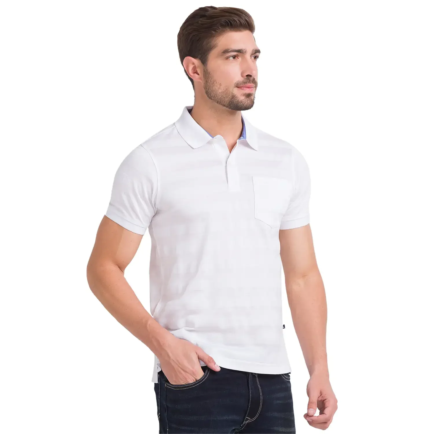 Men White Regular Fit Jacquard Cotton Round Neck Collar Polo T-Shirt - Image 2