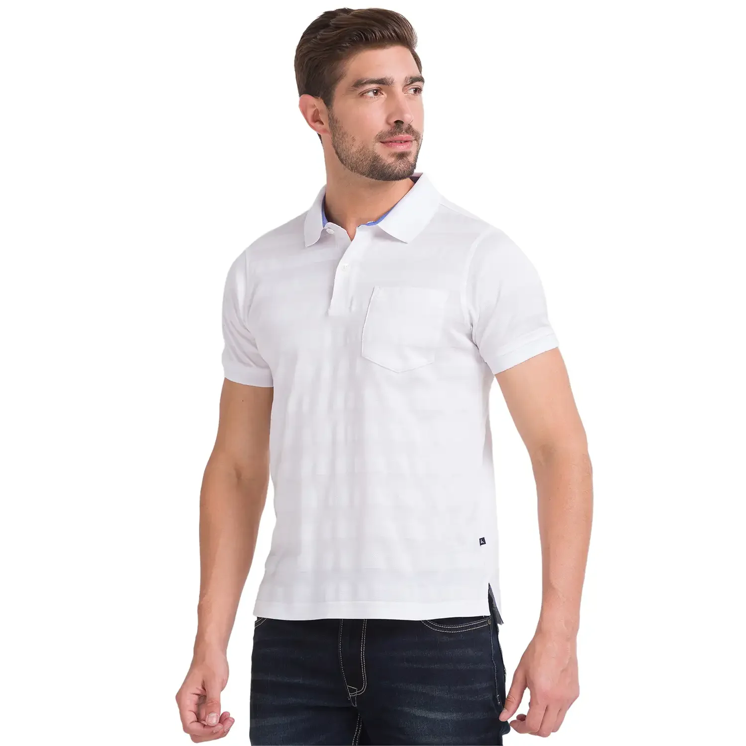 Men White Regular Fit Jacquard Cotton Round Neck Collar Polo T-Shirt - Image 3