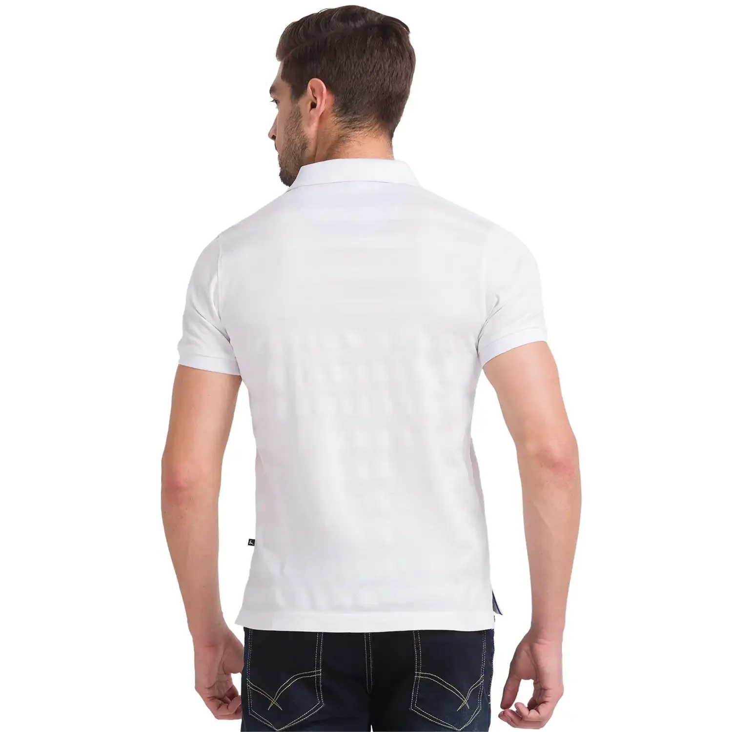 Men White Regular Fit Jacquard Cotton Round Neck Collar Polo T-Shirt - Image 4